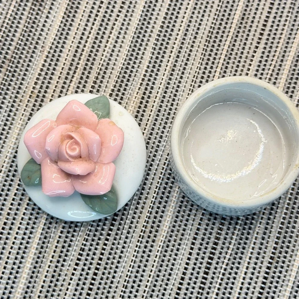 Vintage Porcelain Trinket Box Pink Rose Flower Lid Round Ceramic Jewelry Case